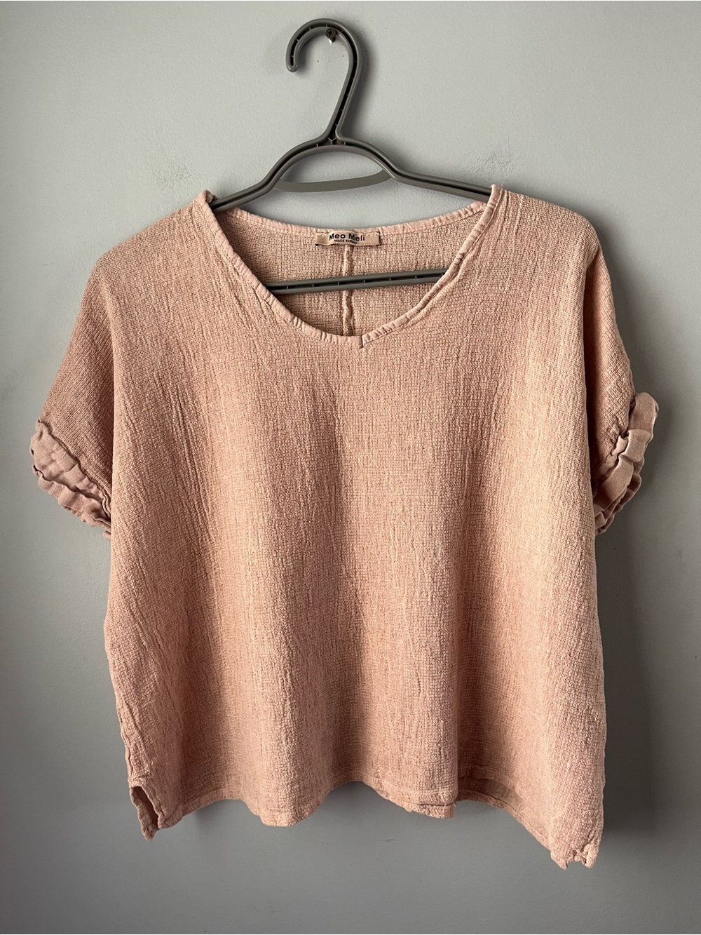 Meo Meli Blush Pink Linen/Cotton Textured Short Sleeve Relaxed Fit Blouse